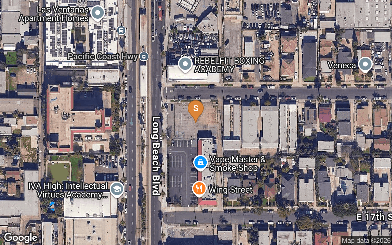 Aerial context showing the A Line station platform on Long Beach Blvd