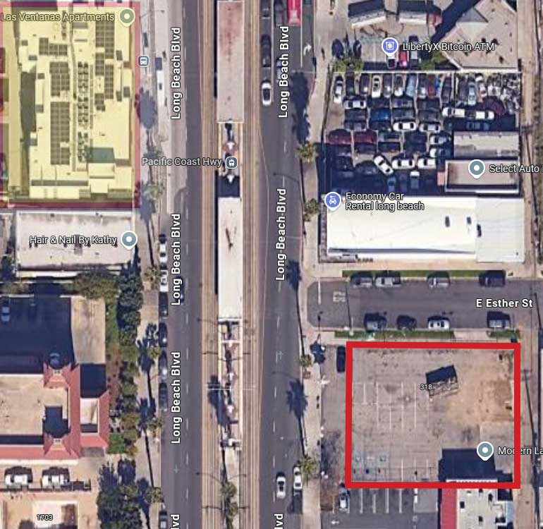 Aerial view of the subject site at Long Beach Blvd and Esther St, outlined in red, with the A Line PCH station to the northwest