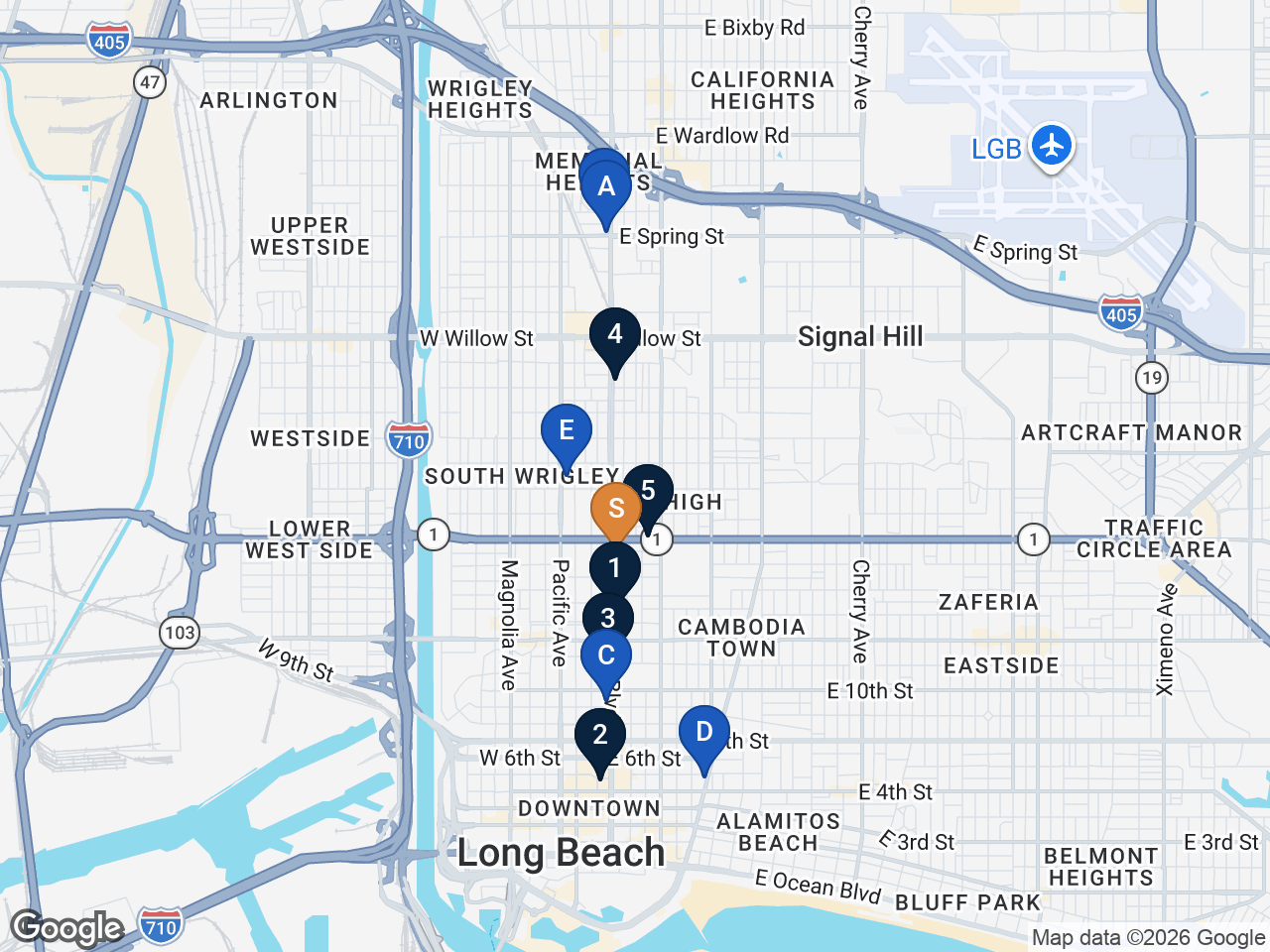Map of closed land sales (numbered) and active listings (lettered) relative to the subject
